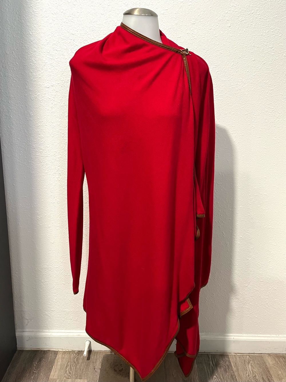 Ralph Lauren Red Drape Open Cardigan Leather Trim Women's Sweater Size Small